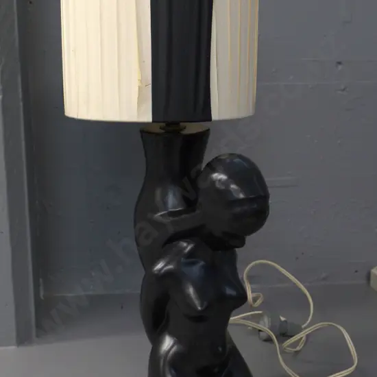 retro porcelain table lamp - kneeling figure, some damage to pleated shade H-470