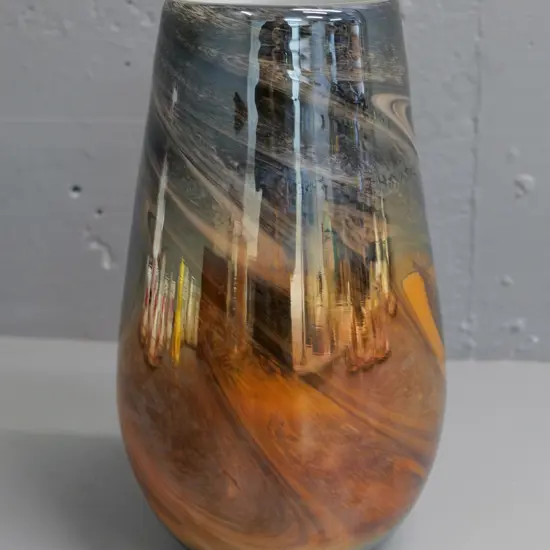 art glass lustre orange and charcoal swirled vase H-290