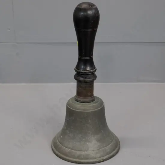 cast brass school bell with wooden handle, copper collar H-230 D-110