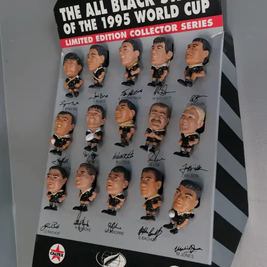 Caltex 1985 All Blacks team figurines in original cardboard display stand - each figure H-75