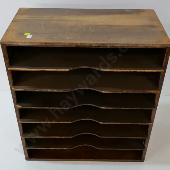 vintage timber file / stationery organiser - some wear and chips H-460 W-410 D-230