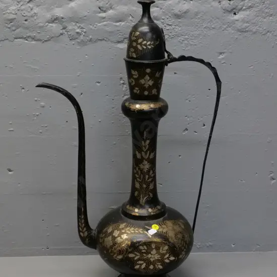 large middle eastern ornamental metal coffee pot with etched decoration H-570
