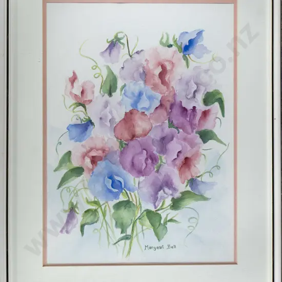 Margaret Bell -framed watercolour "Sweet Peas" H-340 W-250