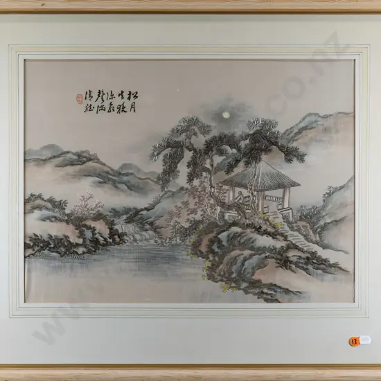 framed oriental needlework on silk - stream scene  H-345 W-470