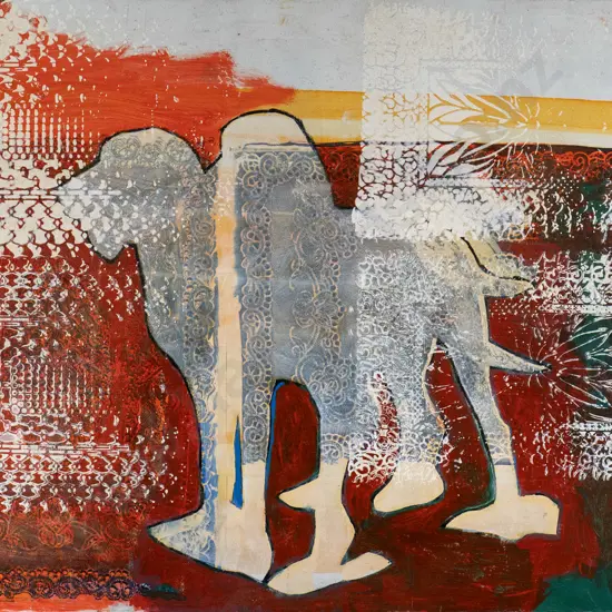 Elizbeth Manson 2011 -acrylic on board "Treated like a dog" H-600 W-800