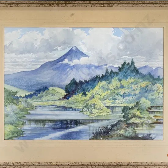 AD Leggett - framed watercolour "Mount Egmont Taranki" H390 W-550