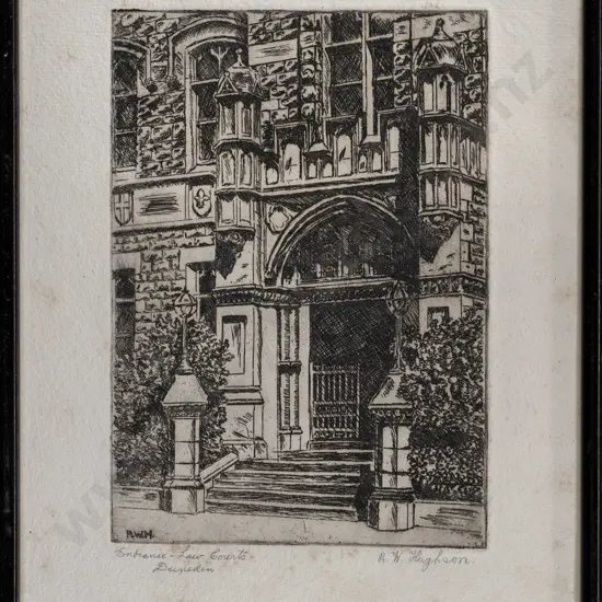 RW Hughson - framed ink and pen "Entrance High Court Dunedin" (foxing to mat) H-170 W-120
