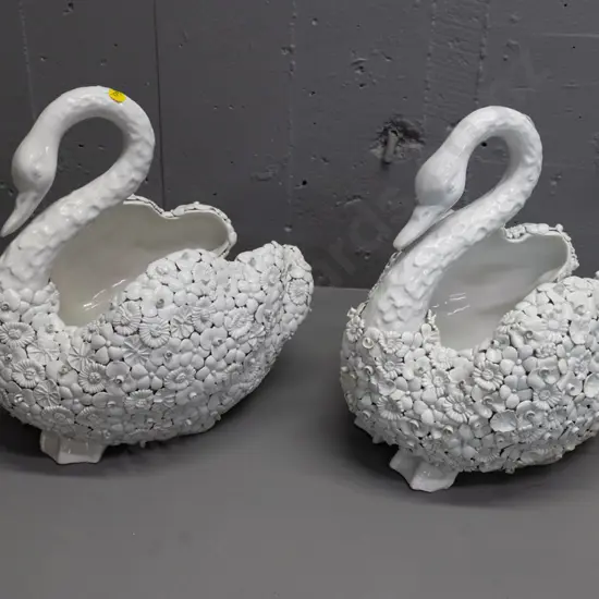 pair of porcelain swans with relief & applique decoration - marked A.Z. Nove, chip to foot of one H-310 L-310 W-230