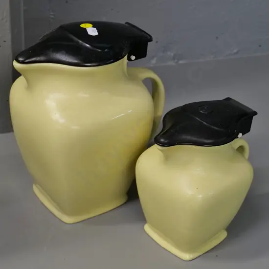 2 vintage Fowler Ware English porcelain electric jugs with bakelite or plastic lids - elements, no cords, larger H-240