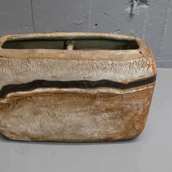 studio pottery rough textured slab vase - no maker's mark H-200 W-290 D-100