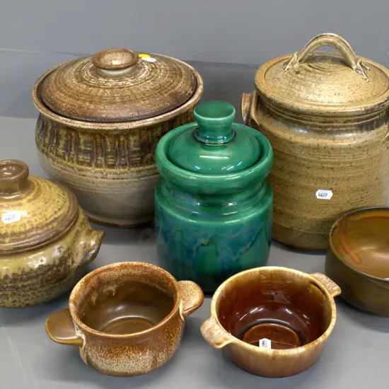 studio pottery items - some NZ, green lidded canister and handled ramekin marked Clay Craft NZ, largest is H220 W190