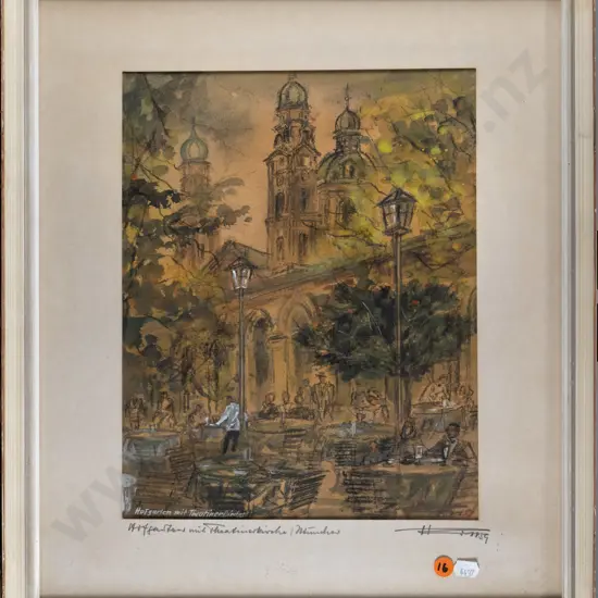 Illegible signature - framed mied media "Court garden with Theatine Church (Munich)" H-310 W-250
