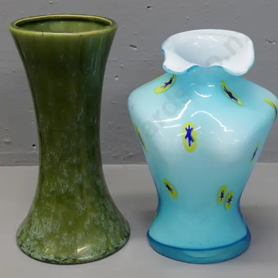 Temuka pottery mottled green specimen vase H-250 and an art glass torso vase, no maker's marks