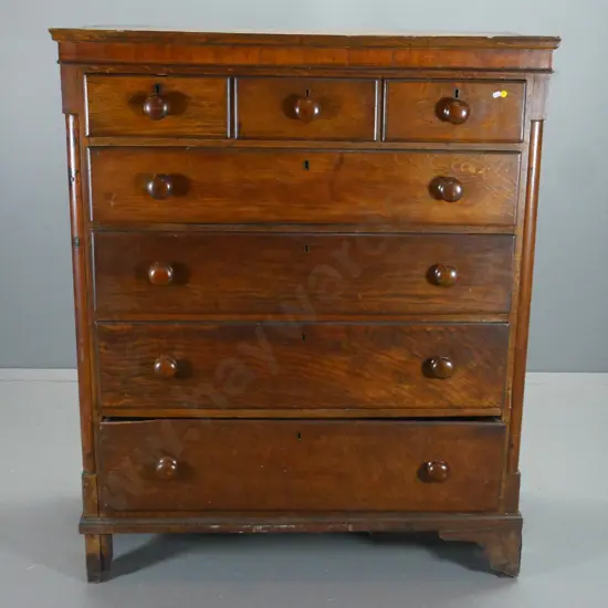 antique oak 7-drawer Scotch chest with panel ends - chips and splits, missing a foot cover H1380 W1160 D540