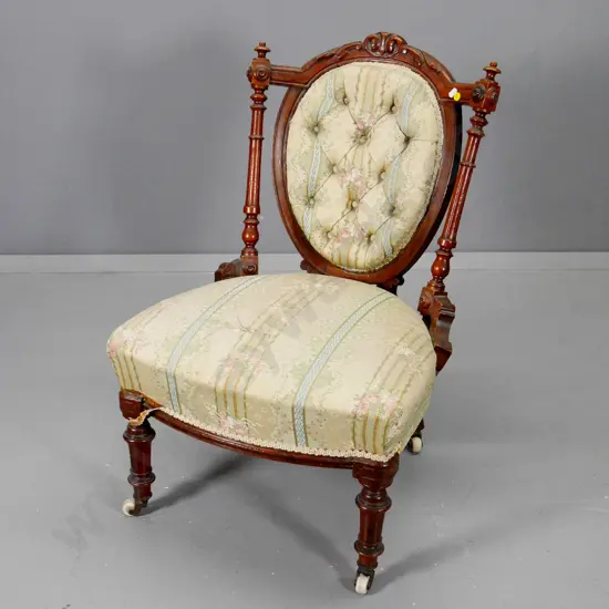 Victorian carved walnut bedroom chair - deep-button back, on porcelain casters - wear to seat fabric H760 W520 D490