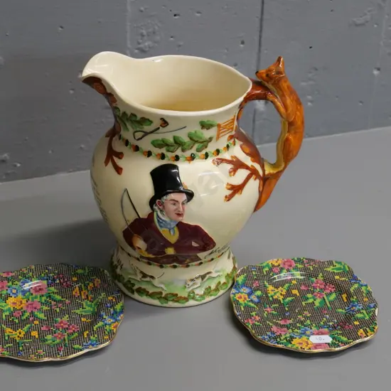 Crown Devon Fieldings John Peel musical jug - working - H200 and 2 small Royal Winton Victoria plates
