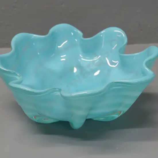 art glass turquoise swirl fluted bowl H-110 D-270