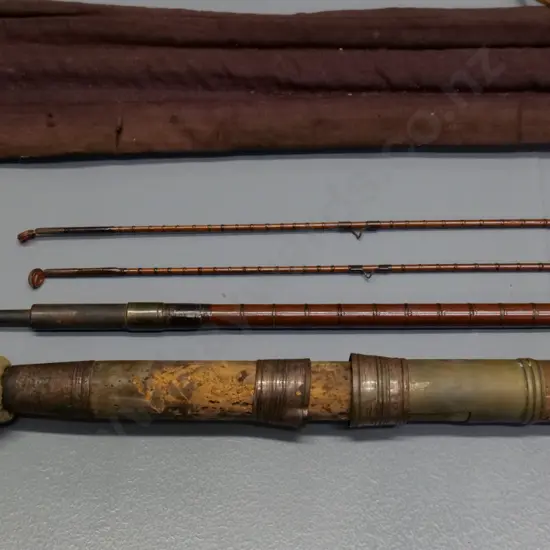 vintage greenheart fly fishing rod in canvas sleeve - 3 piece, with spare tip section, no maker's marks