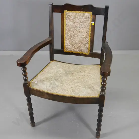 deco style beech-framed turned spindle armchair - a bit wobbly, fading to floral tapestry fabric. H-800 W-570 D-480