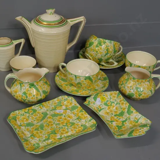 Crown Ducal items - retro coffee pot H-200 cream & sugar, & Primrose pattern assorted tea ware, jugs and dishes