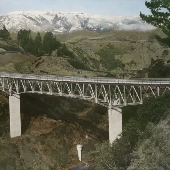 illegible signature - retro NZ unframed hand coloured photograph on board, some marks- viaduct - H-600 W-940