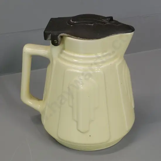 yellow ceramic electric jug, no maker's mark - interior fittings, no cord, lid hinge loose on one side H-230