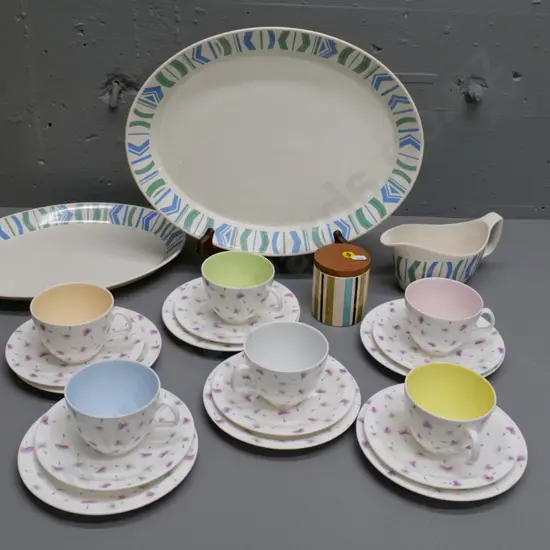 mid-century items - Crown Lynn wood-topped Cordon Bleu spice jar, 6 Foley Thistledown trios, 2 'Image 70' ashetts