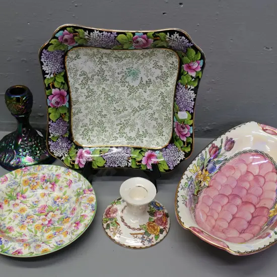 assorted china and glass - 2 pieces of Maling thumbprint, bowl is L-280 W-170, carnival glass candlestick, etc.