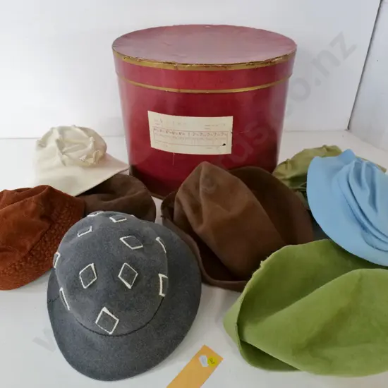 vintage cardboard hat box with assorted home-made felt hats, some partly constructed