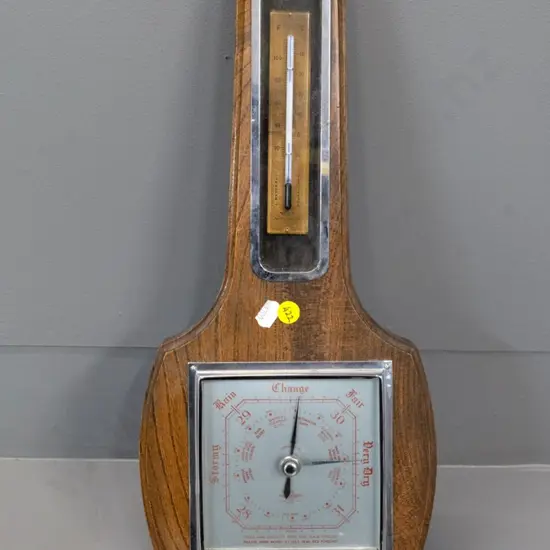 oak-cased wall barometer-thermometer Smiths 'SB' made in England - H-440 W-190