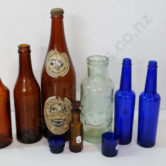 assorted vintage bottles and a small blue glass eye bath - incl. Speights Moa with part label H310, Ballans, Lanes, etc.