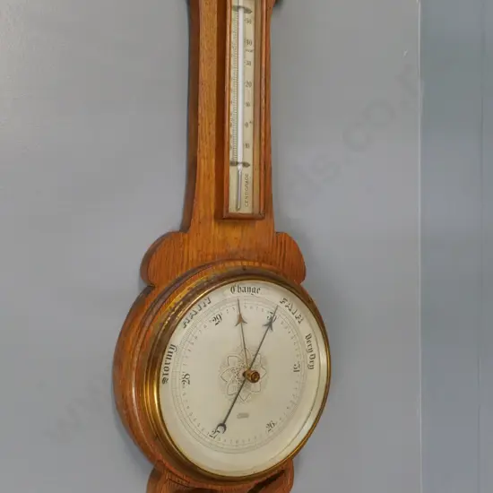 large oak-cased wall barometer-thermometer with brass bezel - marked Pitkin London H-800 W-260