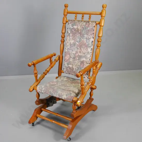 turned mahogany Dexter rocking chair on casters, wear and fading to printed velvet H-1110 W-550 D-530