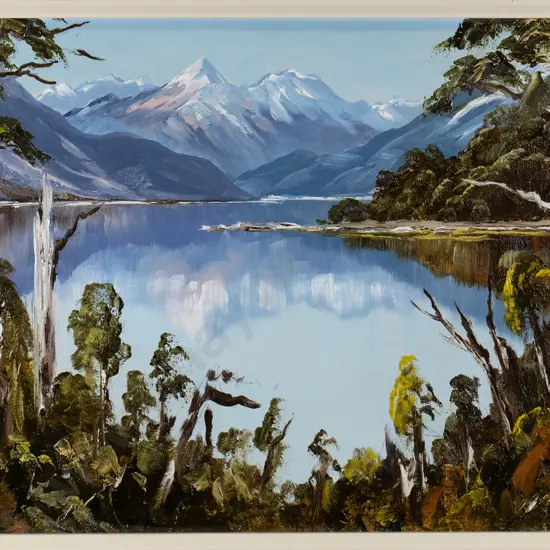 Peter Long - framed oil "evening shadows Lake Mapourika West Coast" H-340 W-530
