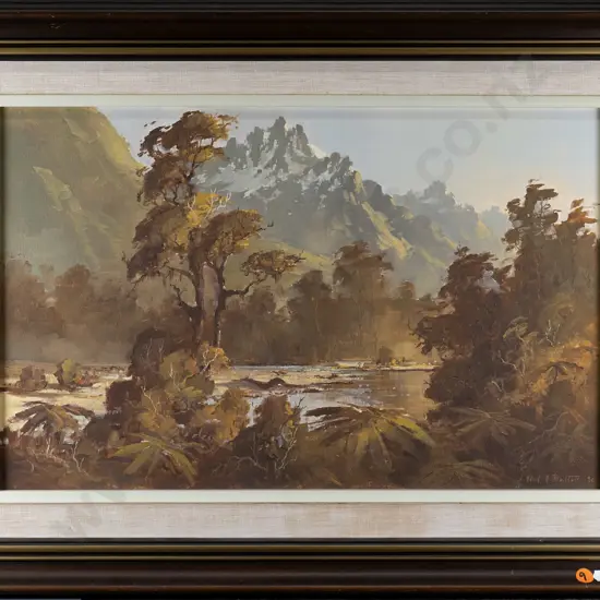 Neil Bartlett - framed oil - river and mountain scene H-310 W-490