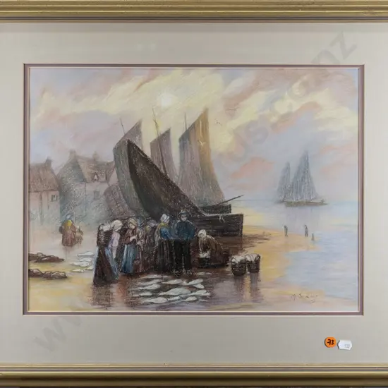 MJ Zint - framed pastel - fish market H-320 W-430