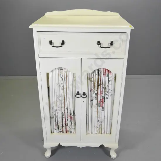 painted timber bedroom cabinet with 1 top and 3 internal drawers, fabric panel locking doors H1170 W610 D420