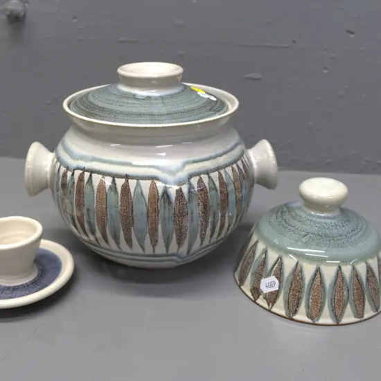 Hanmer studio pottery items - egg cup and high glaze lidded casserole H-170 W-220 and cover for butter cover,