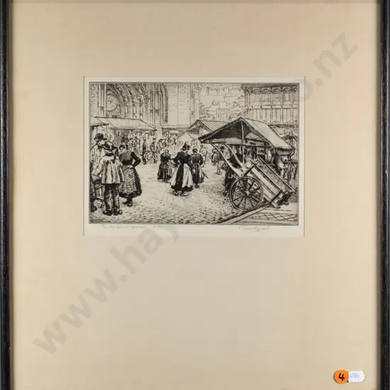 JH Lambert - framed etching "The Market at Quimper" H-140 W-210