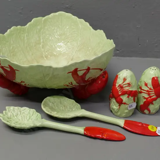 Carlton ware lobster salad bowl and servers & a salt & pepper set - some staining to bowl