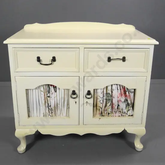 painted timber bedroom cabinet w/2 to, 4 internal drawers, fabric panel locking doors, minor paint chips H710 W760 D420