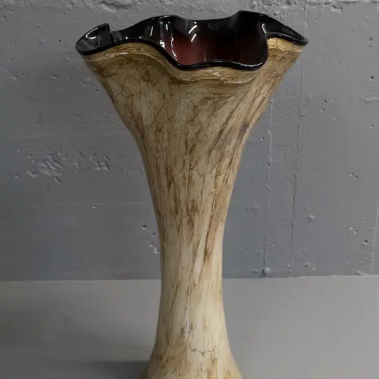 very large art glass vase - cranberry interior, marbleized brown exterior, fluted top H-540 D-280 at top