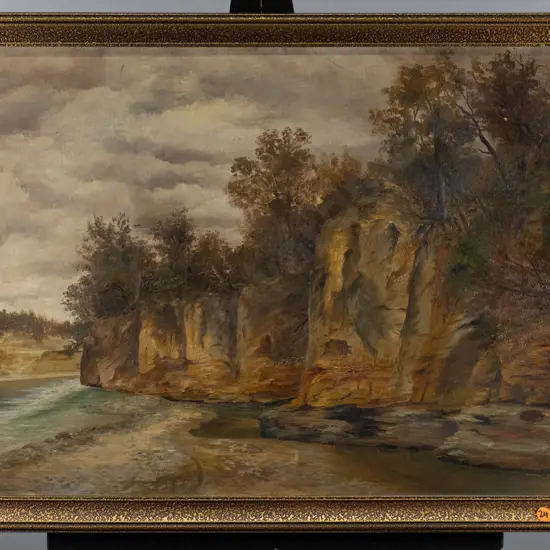 gilt framed colonial oil on canvas - river and cliff scene H-440 W-740