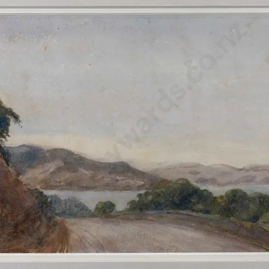 Kearney - framed watercolour - road by harbour (slight foxing)  H-150 W-240