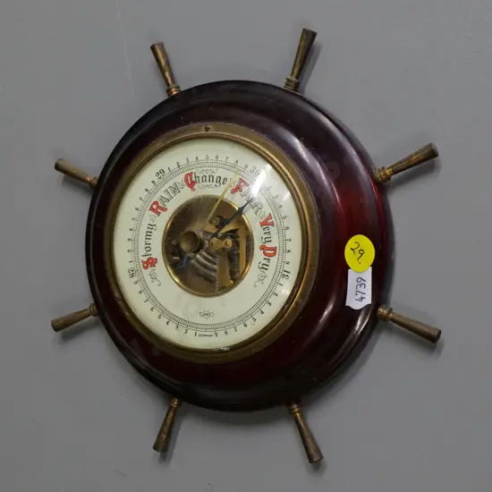 retro small German ship's wheel theme wall barometer - wood and brass Diameter 180