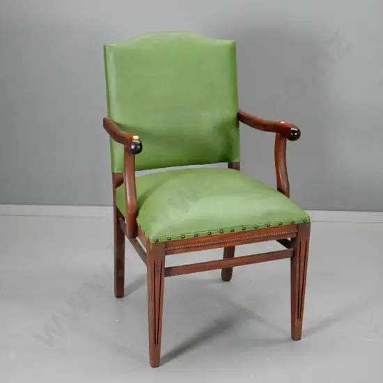 traditional style mahogany occasional chair with beading, green vinyl, studding on front H-900 W-530 D-500