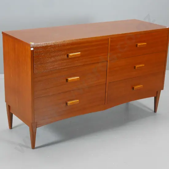 mid-century mahogany 6-drawer chest with wooden handles H-710 W-1180 D-400