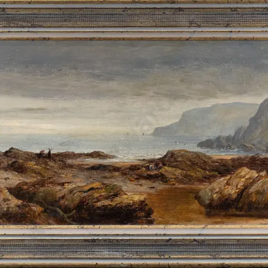 illegible signature - framed oil - coastal scene H-200 W-320