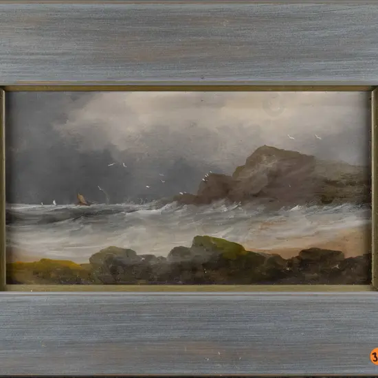 framed oil on card - coastal scene (slight warping) H-160 W-300