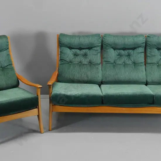 mid-century Morgan Brothers New Zealand mahogany & green velvet 3-seater settee & chair H900 L1640 D830